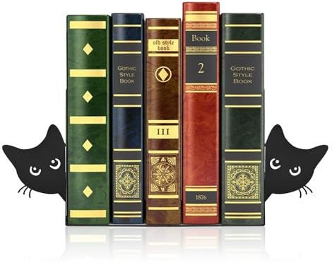 DMJJSD Sujetalibros de metal 2 unidades, sujetalibros con gato mirando, 18 x 15 x 8 cm, sujetalibros negro, decoración de estantería, soporte para libros para el hogar, oficina, escuela, amantes de