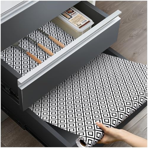 ALIUNI Drawer Liners, Non Slip Shelf Liner for Kitchen Cupboard, Non Adhesive Mats Waterproof for Bedroom Wardrobe Shelves Cabinets Pantry, Black & White 30 x 300cm