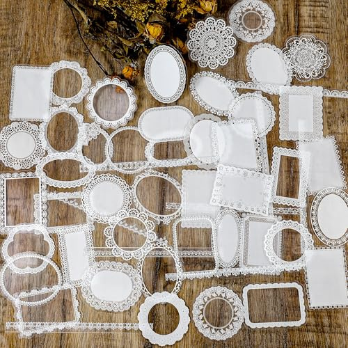 120Pcs Lace Scrapbook Stickers Kit, Waterproof Cutout PET Stationery Sticker, Coquette Wedding Scrap Book Supplies, Transparent Photo Frame Decorative Sticker for Invitations Journals DIY Art Crafts