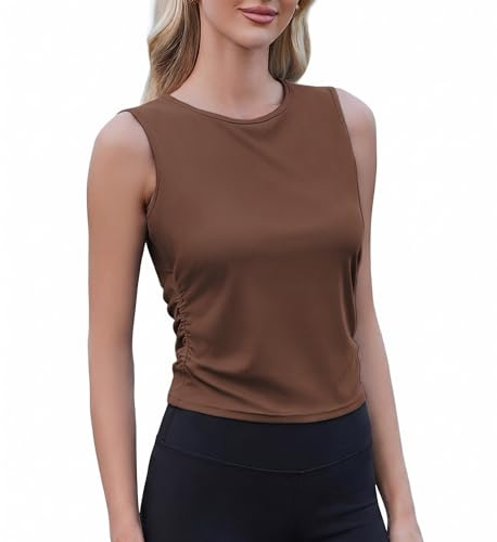 PINSPARK Damer sport linne ribbad sömlös ärmlös crop top lätt fitness yoga tröja sommar sporttopp, BRUN, L