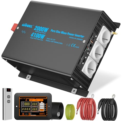 GIANDEL 2000W Wechselrichter 12V auf 230V Reiner Sinus Wechselrichter 4100W Spitzenleistung Spannungswandler Power Inverter mit LCD-Fernbedienung, Einstellbarer Eingangsspannung für Haushaltsgeräten