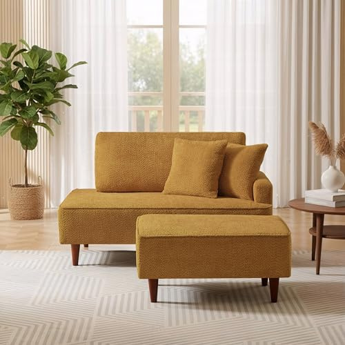 KEIKI 72 Indoor Chaise Lounge Chair with Ottoman, Upholstered Boucle Long Chaise, Right-Hand Facing Lounge Chair for Living Room or Bedroom, Includes 2 Pillows, Orange