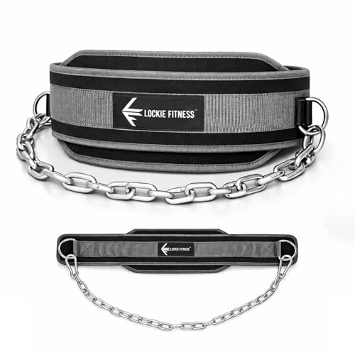 Lockie Fitness Dip Belt for Weighted Dips, Pull Ups, Chin Ups & Squats, Heavy Duty Gym Belt with 36 Inch Steel Chain, 8 mm Neoprene Padding Back Support, Strength Training Equipment, Unisex (Grey)