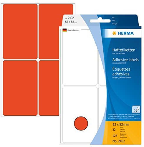 HERMA 2492 Vielzweck-Etiketten, 128 Stück, 52 x 82 mm, 4 pro Bogen, selbstklebend, Haushaltsetiketten zum Beschriften, matt, blanko Papier Klebeetiketten Aufkleber, rot