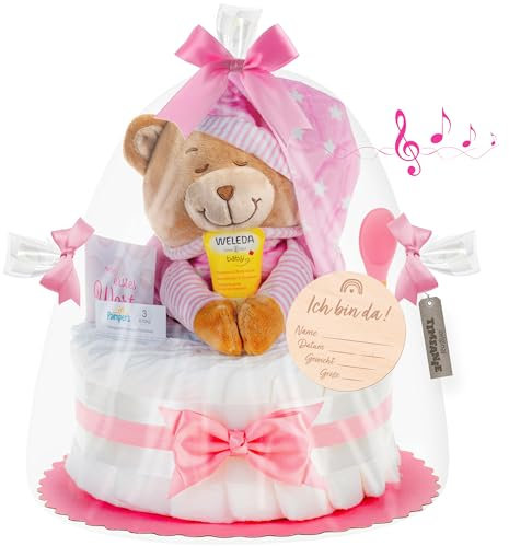 Timfanie® Windeltorte | Spieluhr Schlafmütze | rosa | 0-8 Monate