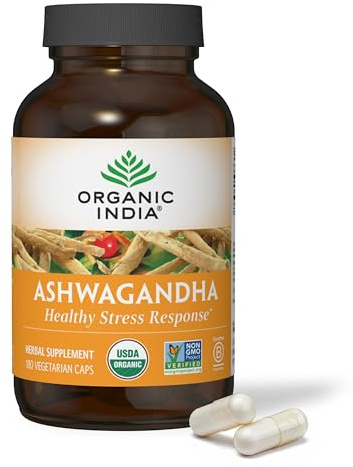 ORGANIC INDIA Ashwagandha Capsules - Organic Ashwagandha Supplement - Vegan Ashwagandha Root, Gluten-Free, Kosher, Non-GMO, Supports Stress Relief, Energy, and Sleep - 180 Capsules