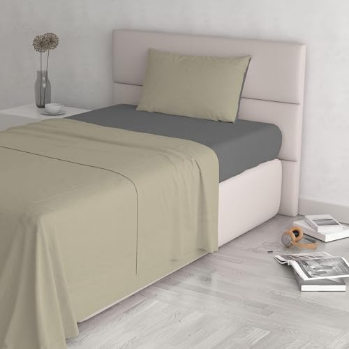 Set Lenzuola Letto Singolo Cotone Natural Color, lavorato in Italia - Completo Letto, Lenzuolo Sotto con Angoli, Telo Sopra 90x200cm e Federa con Patella Interna, Tortora/fumo