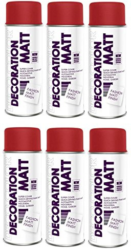 DECO COLOR 6er Sparpack Lackspray MATT nach RAL in 400ml zur Lackierung von Auto Stahl Aluminium Beton Holz (6 Dosen in feuerrot MATT RAL 3000)