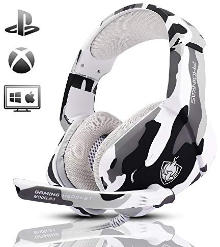 PHOINIKAS Gaming Headset for PS4, Xbox One, PC, Laptop, Mac, Nintendo Switch, 3.5MM PS4 Stereo Headset Over Ear Headphones with Noise-Cancelling Mic, Bass Surround - Camo