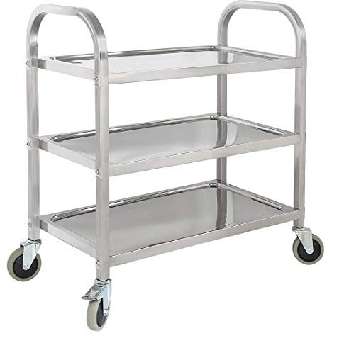 U/N Chariot de Service Rangement Mobile Plateau Roulant Desserte de Cuisine à roulettes 3 Niveaux étagères Acier INOX Chromé 72x40x82cm-038
