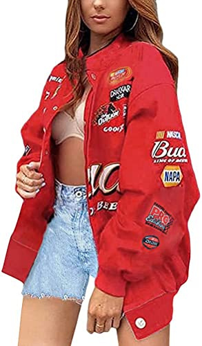 ORANDESIGNE Bomberjacke Damen Sweatjacke Ladies College Sweat Jacket Reißverschluss Für Frauen Oversized Patchwork Jacke Vintage Druck Jacken Baseball Mantel Sport Jacket D Rot S