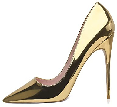 Zhabtuc Dam pumps 12 cm sexiga stiletter med spetsig tå stängd stilettklack för fest, bröllop, Guldfärgad, 40 EU