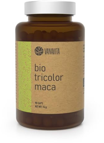 VanaVita Maca Tricolore BIO 90 Capsule, 1300 mg, Maca Nera, Maca Gialla, Maca Rossa, Estratto di Ginseng Peruviano, Superfood, Appartiene agli Adattogeni, la Salute Generale e il Benessere Mentale