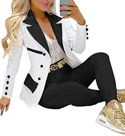 ORANDESIGNE Tailleur Femme 2 Pièces Elegant Slim Fit Blazer Veste Formel Bureau Travail Pantalon Costumes Revers Manteau Ensemble A Noir Blanc 02 XXL
