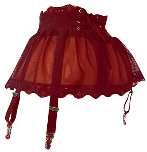 ROSVAJFY Femme Mini Jupe Porte-Jarretelles Sexy avec Culotte, Porte-Jarretelles Lingerie Mini Robe Transparente Malla avec 4 Clips, 2 Pièces Mini Jupe Taille Haute + String Dentelle (Bordeaux)