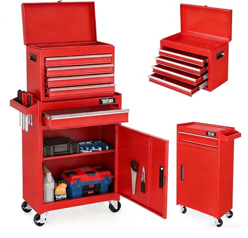 TUFFIOM 5-Drawer Rolling Tool Chest, Tool Storage Cabinet w/Drawers, Lockable Wheels, Detachable Top & Adjustable Shelf, Mechanic Tool Organizer Box for Garage, Workshop, Warehouse & Repair Shop