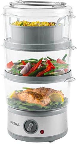 Vaporera electrónica de 3 niveles Petra PT2726ZV2HEVDE, 7,5 l, multiusos, bol para arroz y cestas sin BPA, compacta, temporizador de 1 hora, 500 W, recipientes desmontables, para carne y verduras