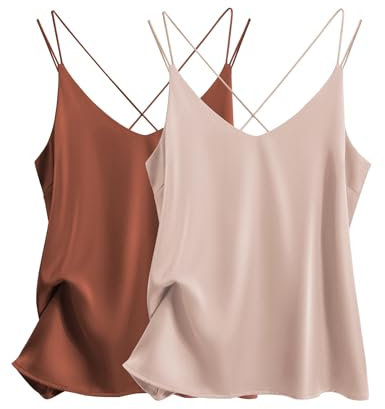 Ekouaer Blusentop Silk Satin Cami V-Ausschnitt Ärmellose Damen Top Elegant Unterhemden Leicht Tank Top, Karamell+Champagner, S