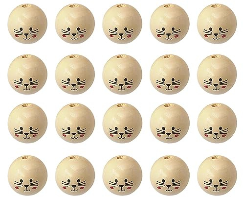 Pack of 20 Wooden Beads with Face 30 mm Natural Wooden Beads Round Wooden Beads Smile Face Wood Beads Face Ball Cat Head Beads for Key Chain Crochet Weaving Angel Craft Macrame
