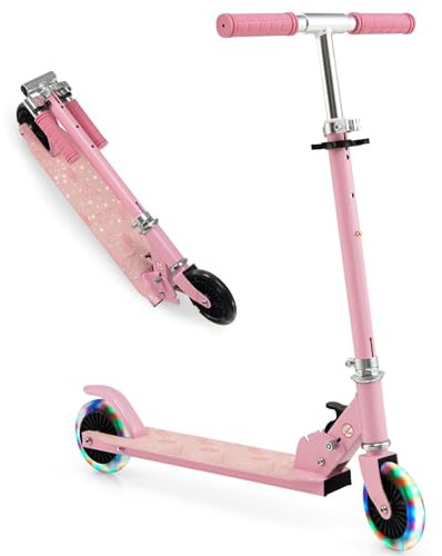 KOMFOTTEU Kinder Scooter mit LED Rädern, zusammenklappbares Roller Aluminium, Kinderroller mit 3 verstellbaren Höhen, Cityroller Tretroller bis 50kg belastbar (Ohne Ständer & Gurt, Rosa)