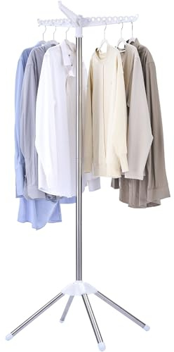 CASAMAYA Clothes Drying Rack Foldable, 59 inch Tripod Laundry Drying Rack Indoor with Rotating Clothes Rail for 27 Pieces of Clothes, Space Saving, Stainless Steel, White and Silver CDR001W01