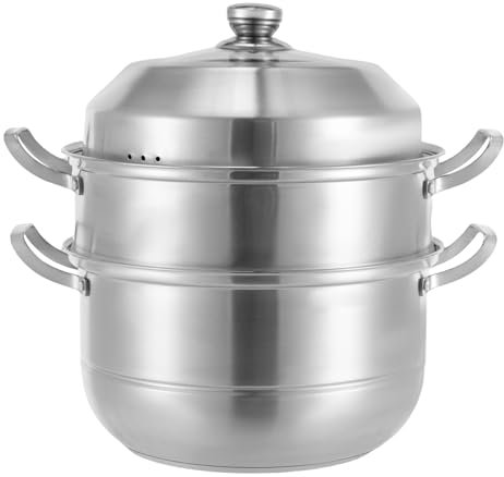 Edelstahl Dampftopf, 3-Schicht Stapelbar Dampfgarer Topf Dampfkochtopf Suppentopf mit Deckel Dampfgarer Kompatibel mit den meisten Herdplatten (31.75X30.98cm)