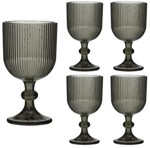 Dibor Ribbed Wine Glasses Set of 4 Mid-Century Wine Glass Goblets (Grey) | Dishwasher Safe, 360ml, Alfresco Dining, Coloured Glass, Glassware, Tableware
