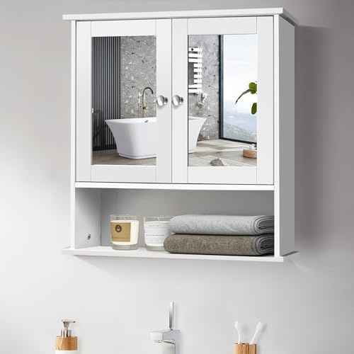 VickyHome Wall Mounted Bathroom Cabinets with Mirror, Double Door Bathroom Mirror Cabinet White MDF Bathroom Cabinet Storage with Double Mirror, Adjustable Shelf, 4 Tier, 56.2cm X 13.2cm X 58cm