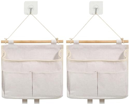 WHENZOO Wall Hanging Storage Bag - 2Pcs Linen Cotton Bedside Storage Pouch High Capacity Hanging Storage Bag with Pockets Waterproof Hanging Shelves with 2 Hooks for Bedroom Kitchen(grey)