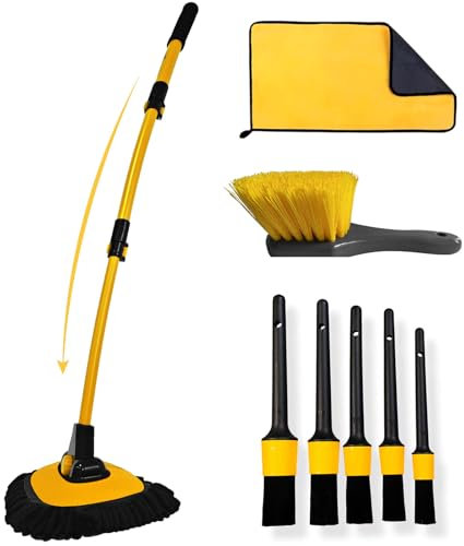 YeewayVeh 8PCS Car Wash Kit, Extendable Car Wash Brush Mop with Long Handle, 5pcs Detailing Brushrs, 1pc Wheel Tire Brush and Microfiber Towel Car Cleaning Kit for RV Truck Camper, Yellow