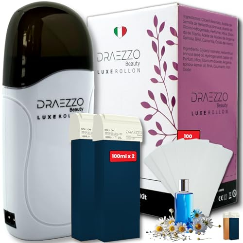 Draezzo - Kit de Depilación Roll On de Cera. Descubre los beneficios del azuleno. Calentador de Cera con 2 Cartuchos y 100 Bandas Depilatorias. Luxe Roll On