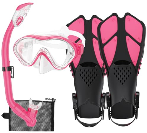 HH HHAO SPORT Kids Snorkeling Set with Fins Anti Leak Snorkeling Gear for Kids with Adjustable Flippers, Youth Junior Full Dry Snorkel Set Swimming Goggles with Nose Cover Diving Mask Scuba with Bag