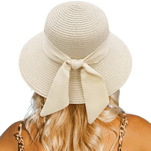 lifwimner Strand Sonnenhut Damen, Strohhut Sommer Faltbar mit Breite Krempe, Bowknot Strohhüte Sommerhut Leicht für Strand Urlaub Reise (DE/NL/SE/PL, Alphanumerisch, M, Beige)