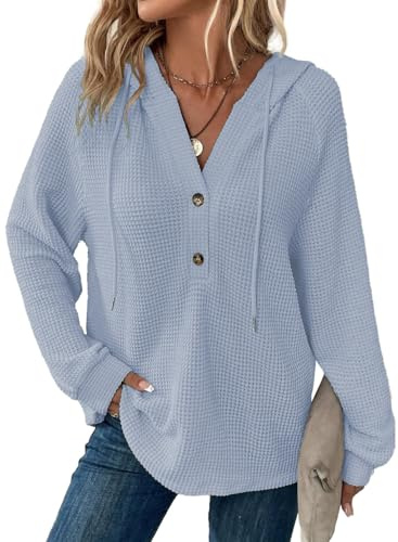 Cuptacc Huvtröja för damer, med våffelstruktur, ledig hoodie med knappslå, v-ringad sweatshirt med dragsko. långärmad damtröja med huva