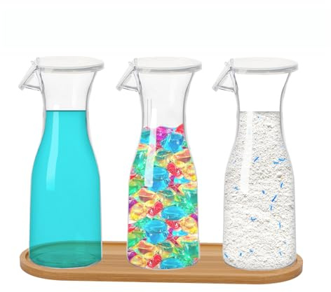 Tefola Updated Laundry Detergent Storage, 3 Pack V-Mouth Clear Jar with Wood Tray, Laundry Storage Containers for Washing powder, Bleach, Laundry Pods, Fragrance Beads(570ml/20oz)
