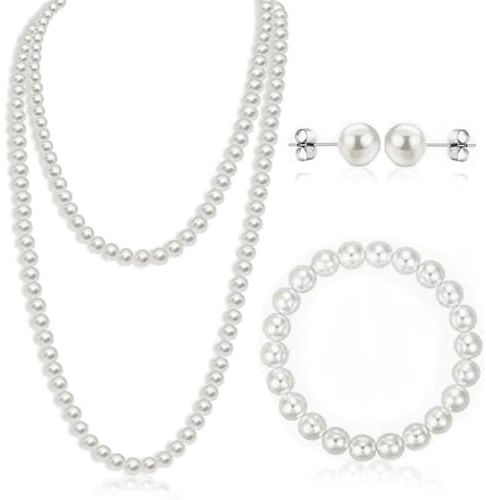 3Pcs Long Pearl Necklaces and Earring Set, 1920s Artificial White Pearl Necklace Great Gatsby Style 150cm Long Costume Jewellery for Women Pearls Beaded Necklace for Brides Wedding Party Accessories