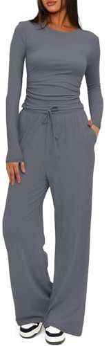 Joligiao Träningsoverall för kvinnor Loungewear Co Ord 2-delat set outfit långärmad rynkad topp och hög elastisk midja breda raka ben byxor med dragsko fickor yoga gym joggingbyxor hela set