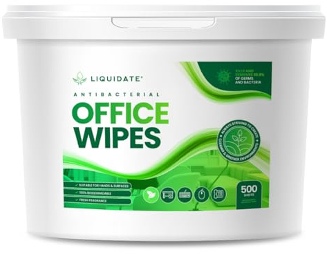 Office Wipes - 500 Heavy-Duty | Plastic Free | Antibacterial Biodegradable Wipes - Eliminates 99.9% of Germs | Alcohol Free - Perfect for Offices, Desks, Work Surfaces & Homes - Refillable Bucket