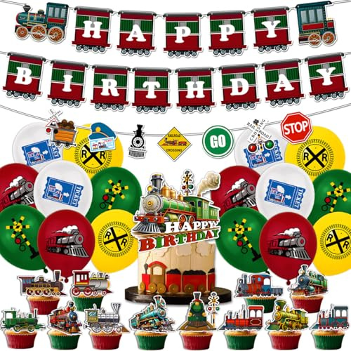 Juego de 30 globos de fiesta de tren vintage, juego de decoración de fiesta de cumpleaños, decoración de fiesta de tren, incluyendo pancartas de cumpleaños, globos y decoraciones para pasteles