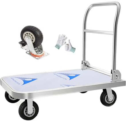 Carrito INOX Plegable 400 kg, Carro de Transporte con Plataforma de Carga Pesada de Acero Inoxidable, Ruedas giratorias 360° (15 cm) y Cama Plana 90x60 cm, Ideal para almacenes y talleres