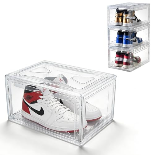 Zolirao Clear Shoe Boxes Stackable, Transparent Drop Front Shoe Organiser with Magnetic Door, Easy Access Trainer Storage, Fits up to UK Size 12, Foldable Dustproof Design