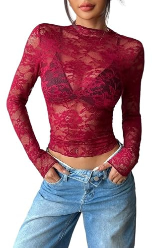 LCDIUDIU Crop Top en Dentelle Transparente pour Femme, Col Montant Blanc, Tunique Extensible en Dentelle Florale Transparente, Blouse Moulante Sexy À Manches Longues, T Shirt De Base pour Soirée,