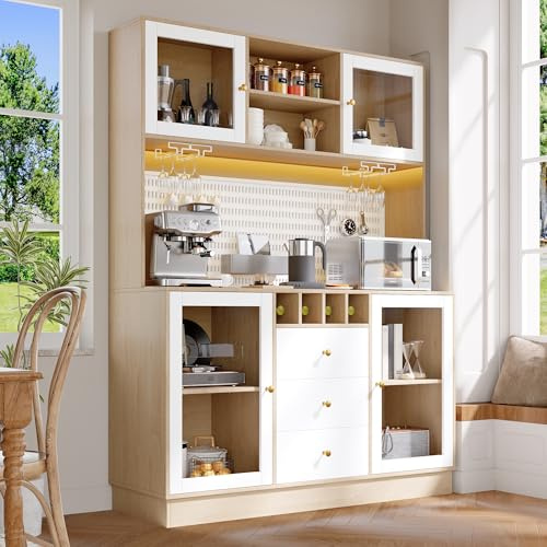 BNUZ Mobile alto bianco da cucina, 140 x 40 x 185,7 cm, armadi alti per soggiorno, armadietto laterale con scaffale per vino e antiribaltamento, scaffali regolabili