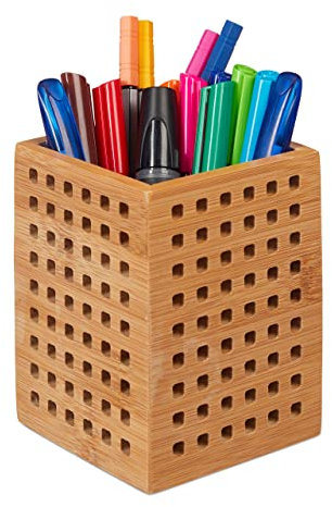 Relaxdays Stiftköcher Bambus, Stiftebecher Schreibtisch, Landhausstil, HxBxT: 11,5 x 9 x 9 cm, Stiftehalter, natur