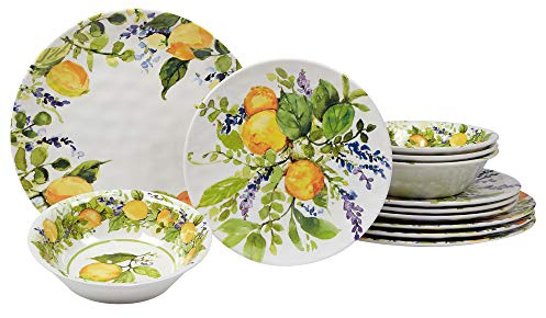 Lemon Zest 12-Piece Melamine Dinnerware Set, Service for 4 – Unbreakable Outdoor Plates & Bowls for Patio Dining, Summer BBQs, Poolside Meals, Picnics, Everyday Family Use & Entertaining