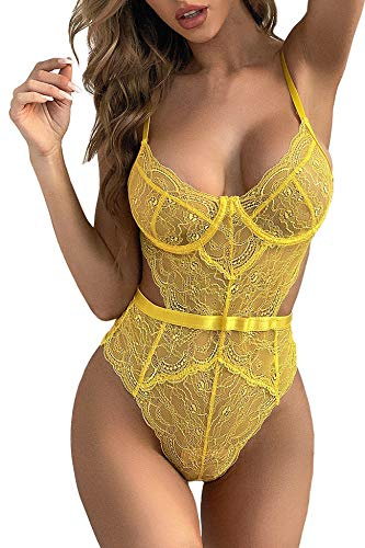 EVELIFE Body Femme Dentelle Sexy Teddy Lingerie Col V Dos Nu sous-Vêtements De Nuit (Jaune, M)