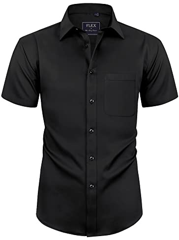 siliteelon Mens Black Shirts Short Sleeve Stretch Dress Regular Fit Casual Business Summer Shirt with Pocket 3XL