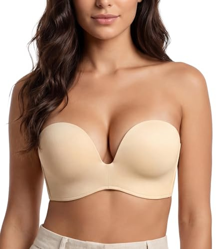 Lemorosy Push up Strapless Bra Women's Anti-Slip Invisible Seamless Wireless Lift Support(Beige,38DD)