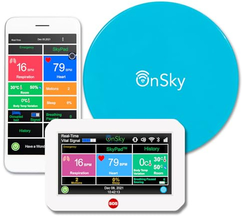 SkyPad FDA-Cleared Contact-Free Heart & Breathing & Sleep Apnea & Seizure Monitor, Adult & Children Home Health Care - Senior & Nursing Home - Remotely Monitor Wellness via app - Emergency Alert Call
