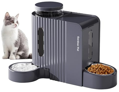 Gardner Pet 2-en-1 Distributeur Croquettes Chat Automatique 6L*2, Distributeur Eau Chat et Chien par Gravité, Mangeoire avec Gamelle Acier Inoxydable, sans BPA, Angle Réglable,Non Électrique, Gris